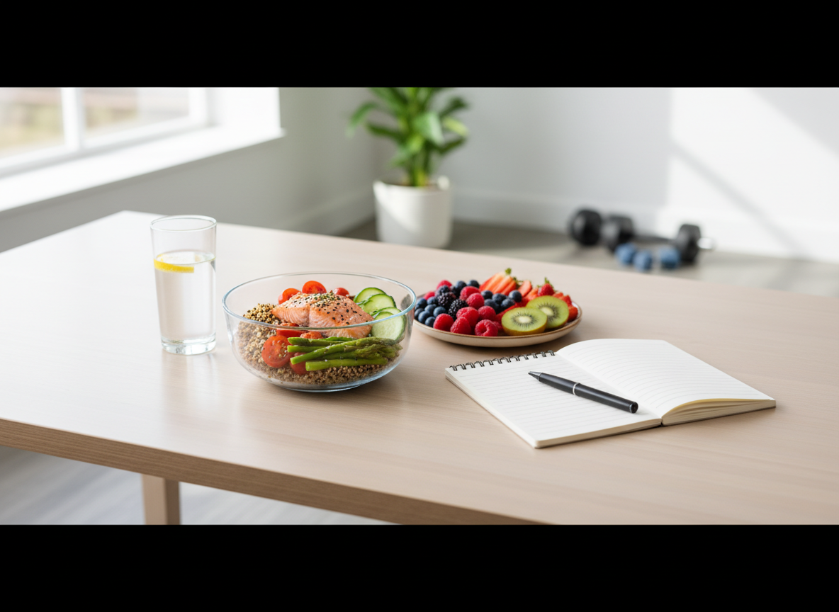 A bright, professional fitness nutrition scene for a personal training website: a neatly arranged healthy meal-prep bowl with colorful vegetables, lean protein, whole grains, fresh fruit, a glass of water, and a simple nutrition journal on a clean modern table. Welcoming, realistic photography, no text, no logos.
