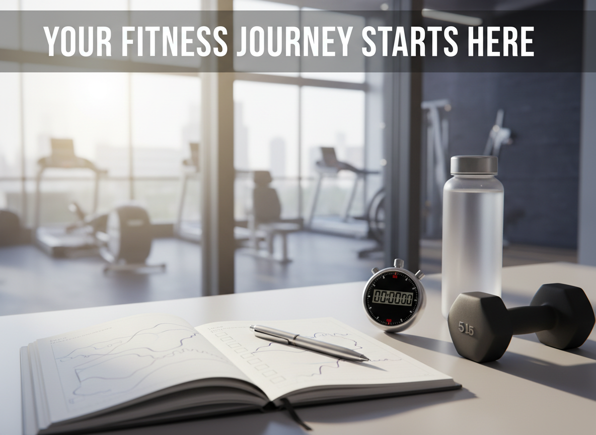 A realistic, professional stock-style fitness photograph for a personal training website showing goal setting without people: a clean desk with a notebook containing abstract goal lines and checkboxes with no readable words, a pen, a stopwatch, a water bottle, and a small dumbbell beside a bright gym window. Motivating, modern, uncluttered, no people, no logos, no readable text. Preserve the selected card’s existing overlay text, fade, size, position, and styling.