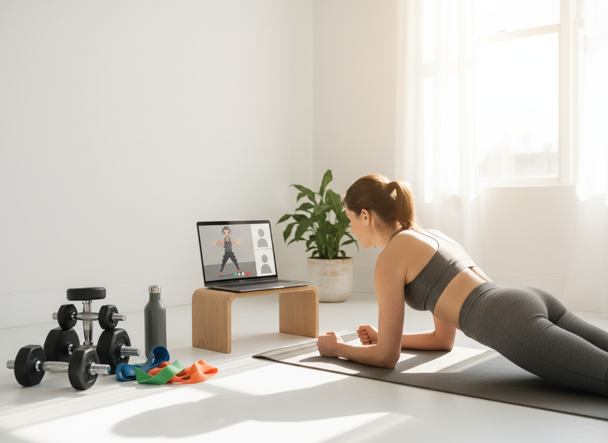 A realistic, professional stock-style fitness photograph for a personal training website showing online personal training without readable text: a clean home workout space with a laptop displaying a generic video fitness session interface (no visible brand or readable text), yoga mat, dumbbells, resistance bands, water bottle, and bright natural light. Modern, motivating, uncluttered, no logos. Preserve the selected card’s existing overlay text, fade, size, position, and styling.